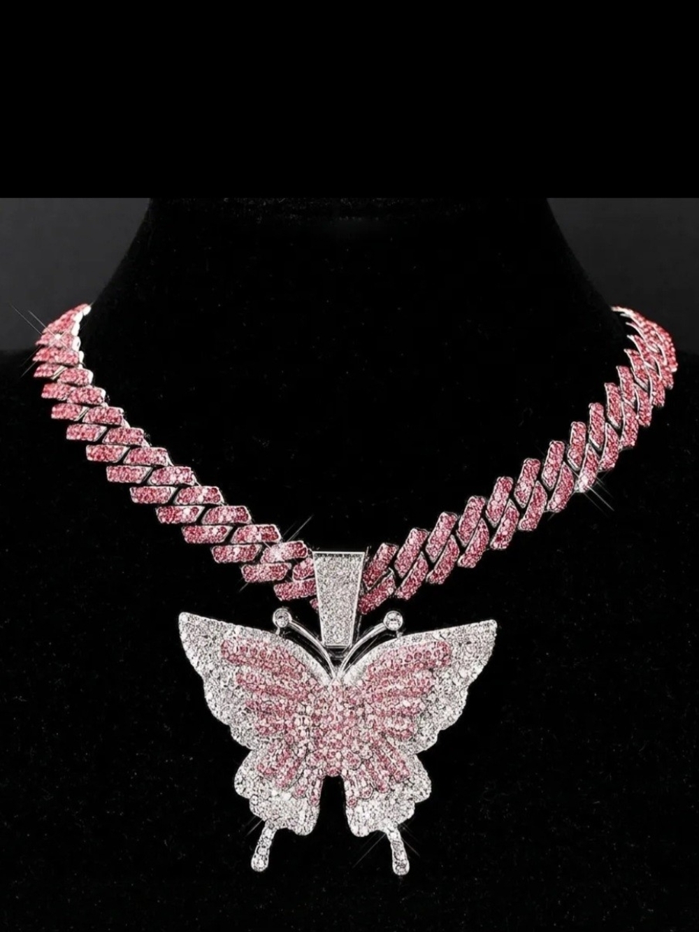 Pink Crystal Butterfly Cuban-Link Necklace
